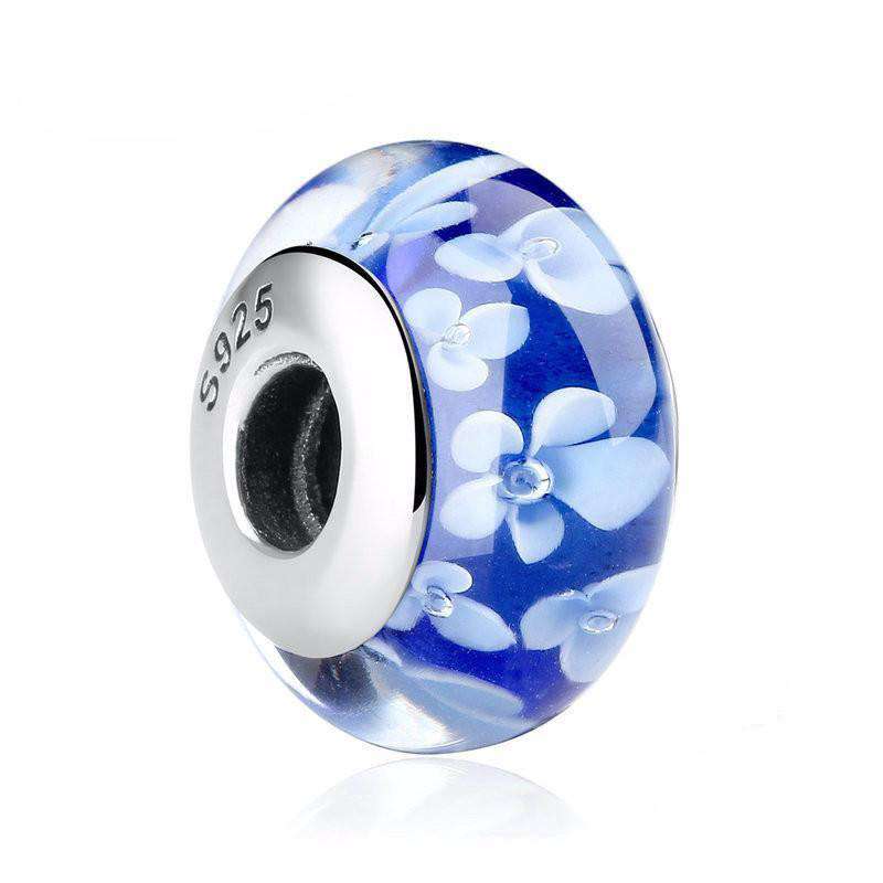 CharmSA Threaded Blue Blossom European Murano Glass Charm Fits