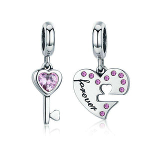 Pandora Compatible 925 sterling silver Lock Key of Heart Pink CZ Charm From CharmSA Image 1