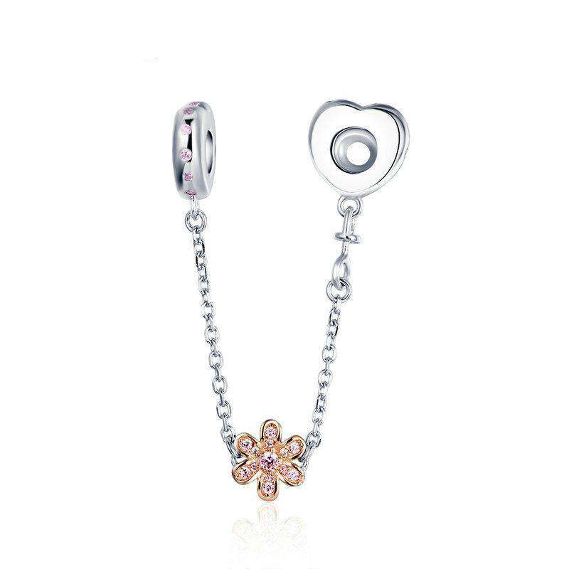 Pandora Compatible 925 sterling silver Love Heart &amp; Flower Safety Chain From CharmSA Image 1