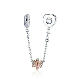 Pandora Compatible 925 sterling silver Love Heart & Flower Safety Chain From CharmSA Image 1