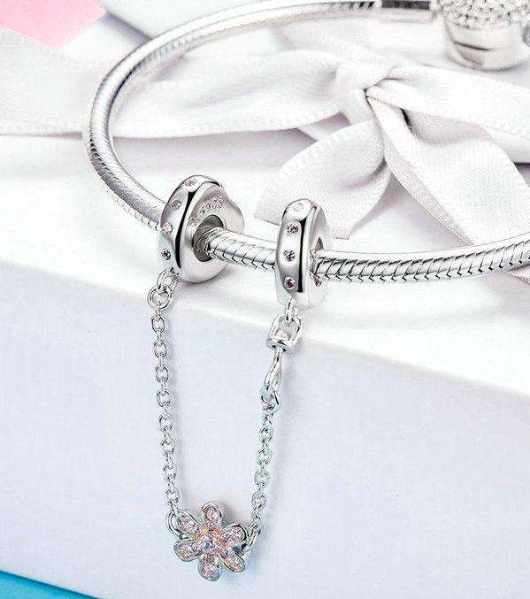 Pandora Compatible 925 sterling silver Love Heart & Flower Safety Chain From CharmSA Image 3