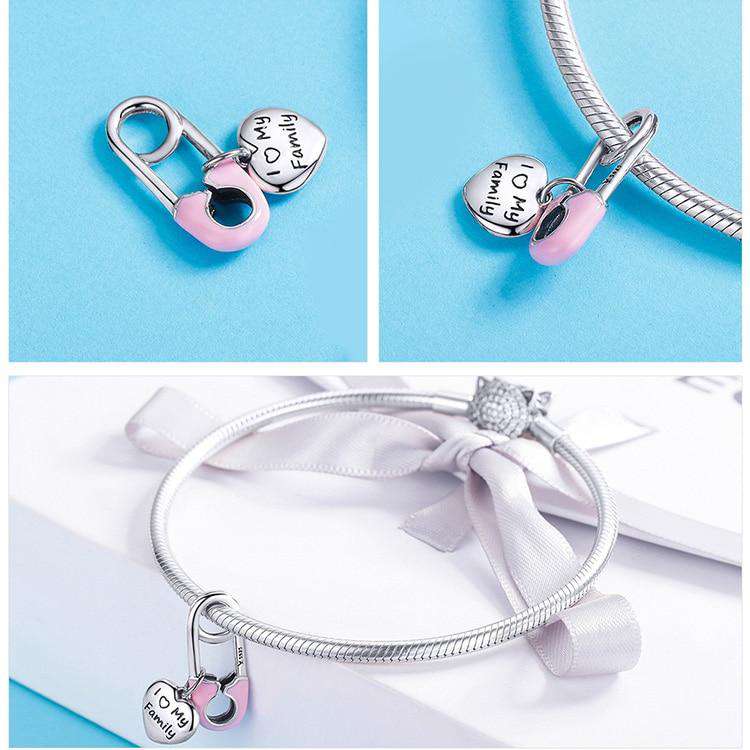 Pandora Compatible 925 sterling silver Pink Safety Pin Family Heart Charm From CharmSA Image 2