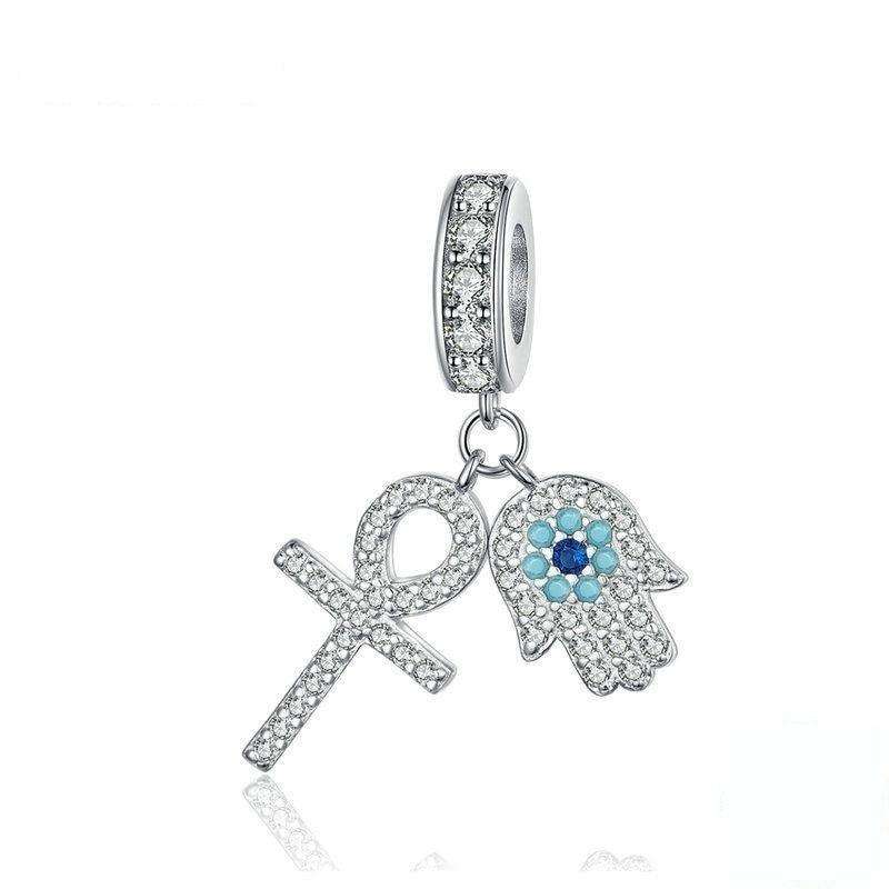 Protective Hamsa Hand Dangle Charm, Sterling silver